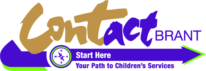 A logo with graphic design elements that reads Contact Brant, start here, your path to children's services. The text is purple, brown and green. 